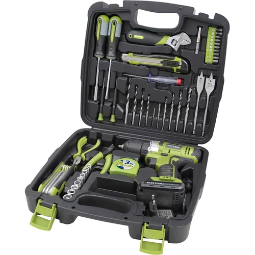 EXTOL akkus fúrócsavarozó, 12V, Li-ion, 1db 1300 mAh akku + 46 db szerszám klt